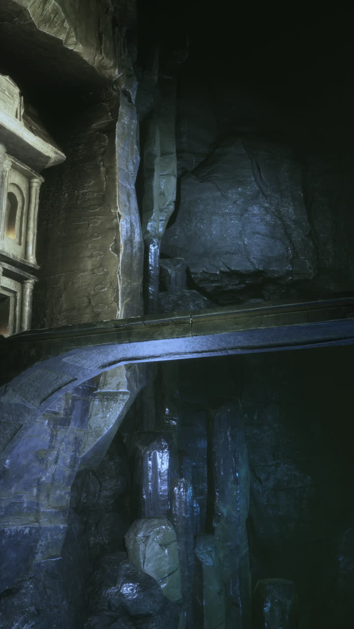 Dark Cave Interior with Crystals and Ancient Architecture