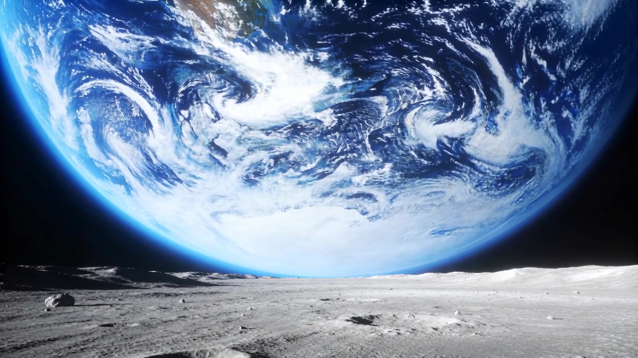 Starting camera forward move to approach, blue white planet slowly filling sky above lunar regolith
