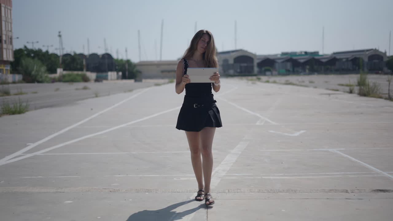 Woman Walking with Tablet in Urban Parking Lot