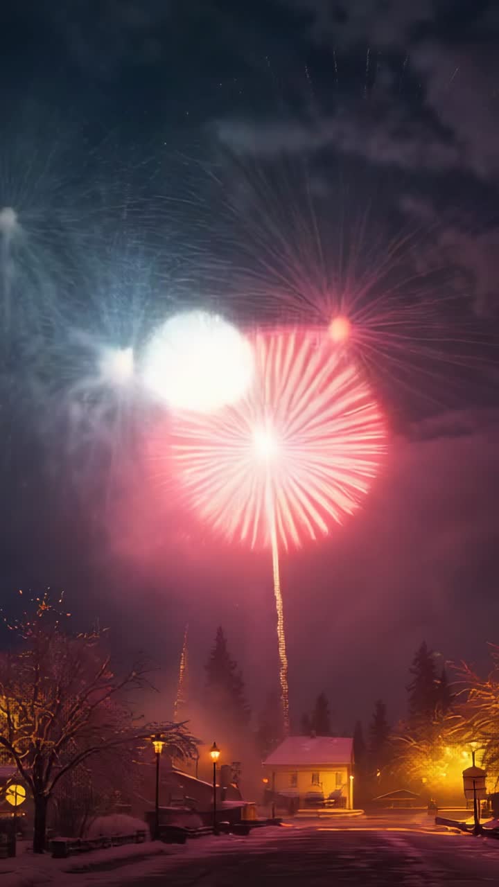 Vertical video: Bursting first shell starting display over snowy street, by lit house and lampposts