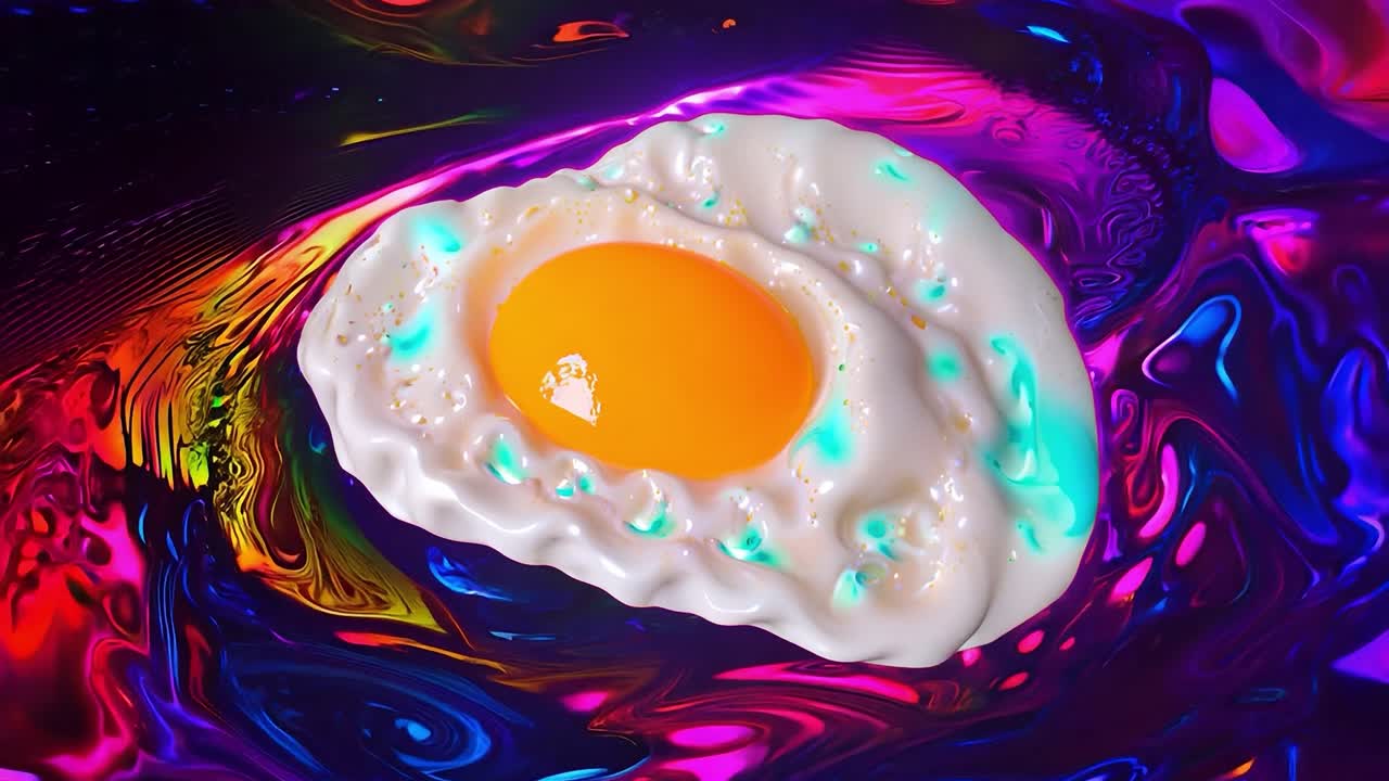 Fried egg with a runny yolk floats on vibrant psychedelic swirls, creating a colorful and surreal abstract background