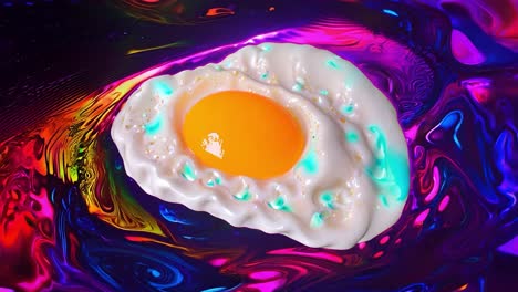 fried egg with a runny yolk floats on vibrant psychedelic swirls, creating a colorful and surreal abstract background