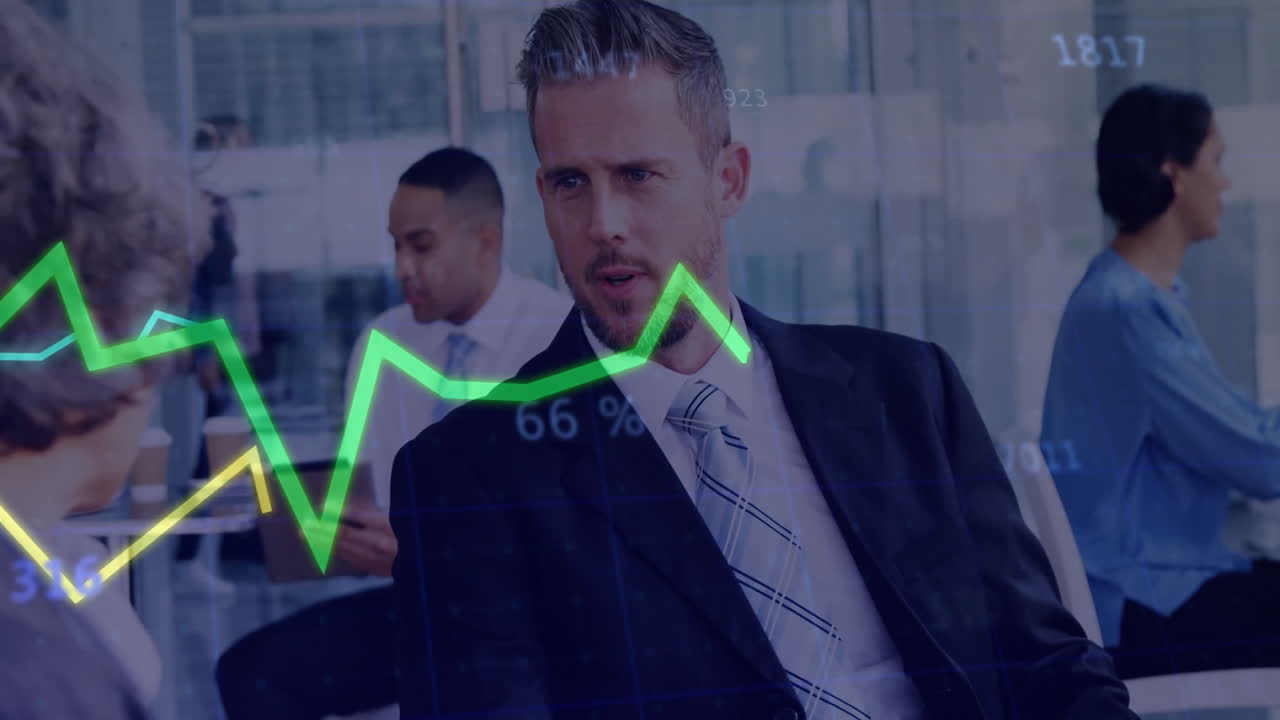 Discussing financial graph with animation overlay, business professionals in office meeting