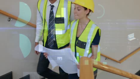 animation of statistics processing over male and female architects talking at construction site