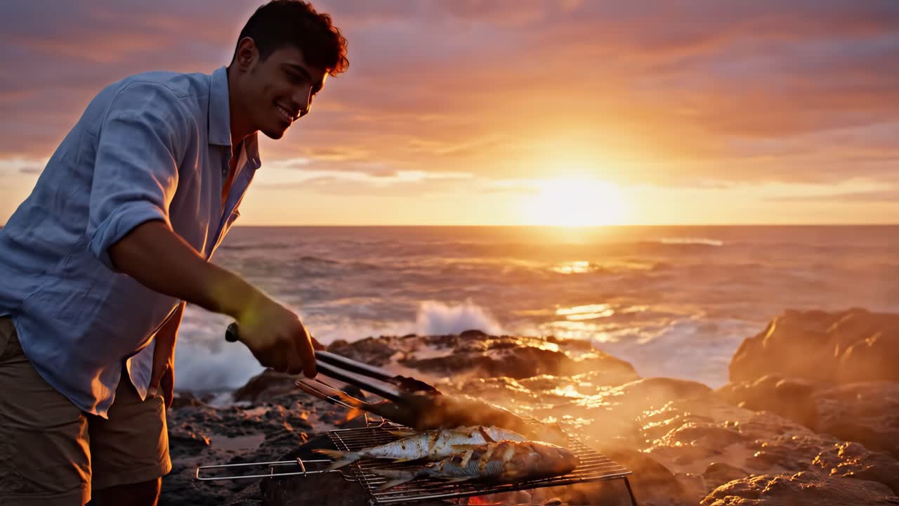 Man grilling fish on the beach at sunset
