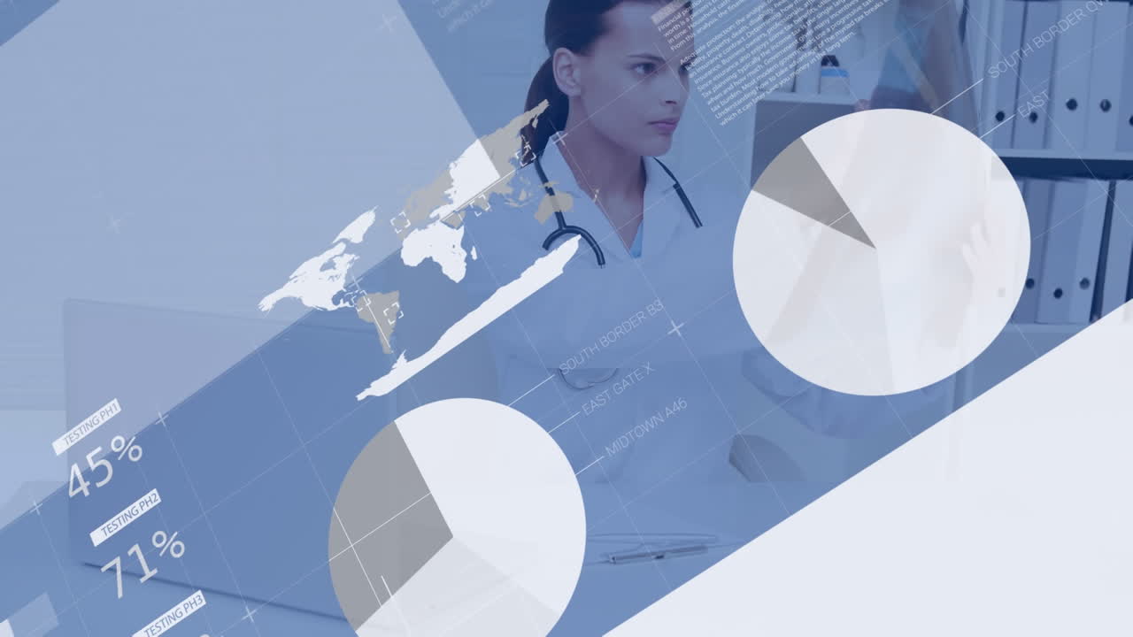 Animação de processamento de dados científicos sobre médica caucasiana.