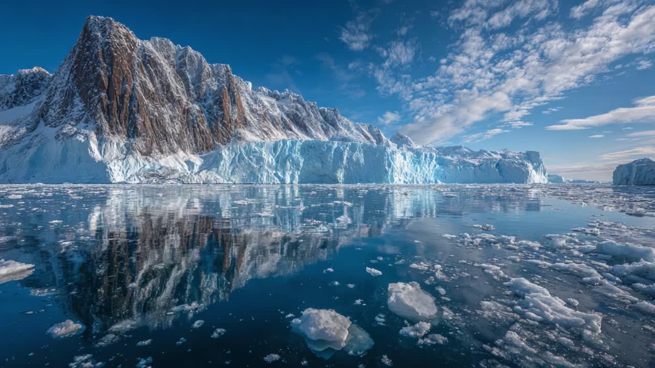 Majestic Glacial Landscape: A Stunning View of Icy Mountains Surrounded by Calm Waters Reflecting the Clear Blue Sky in a Remote Arctic Environment