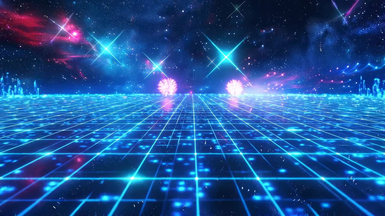 ネオングリッドと星空をローアングルで捉えたレトロスタイルの未来的な映像コンセプト。