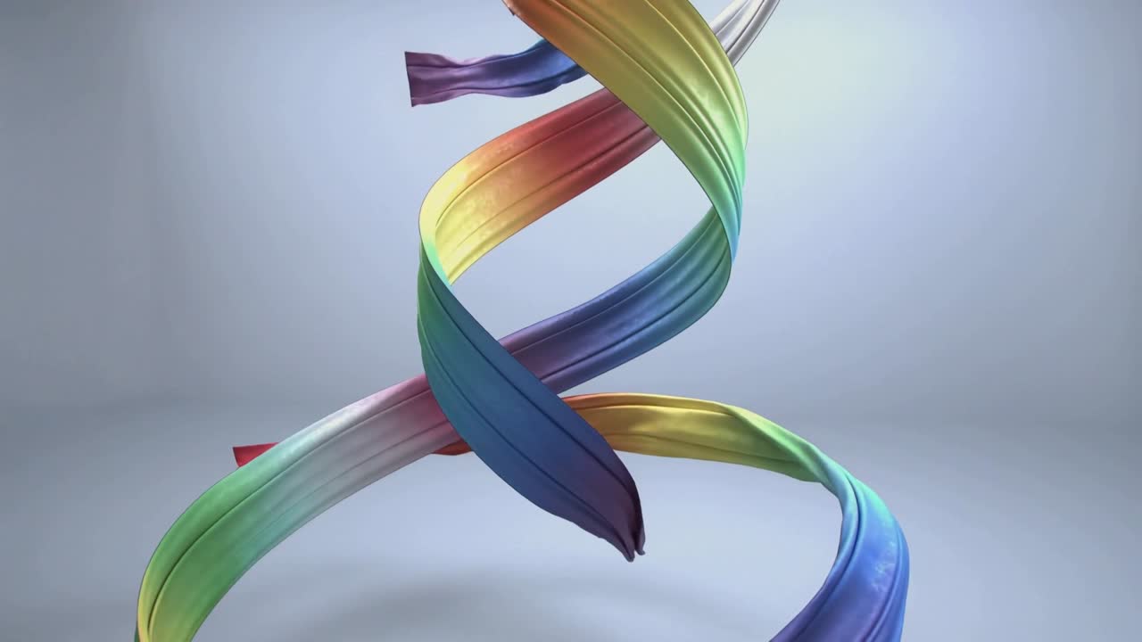 Das Betreten des oberen Bereichs lässt ein Regenbogen-Satinband sich im Studio zum Boden winden und einen Schatten werfen.