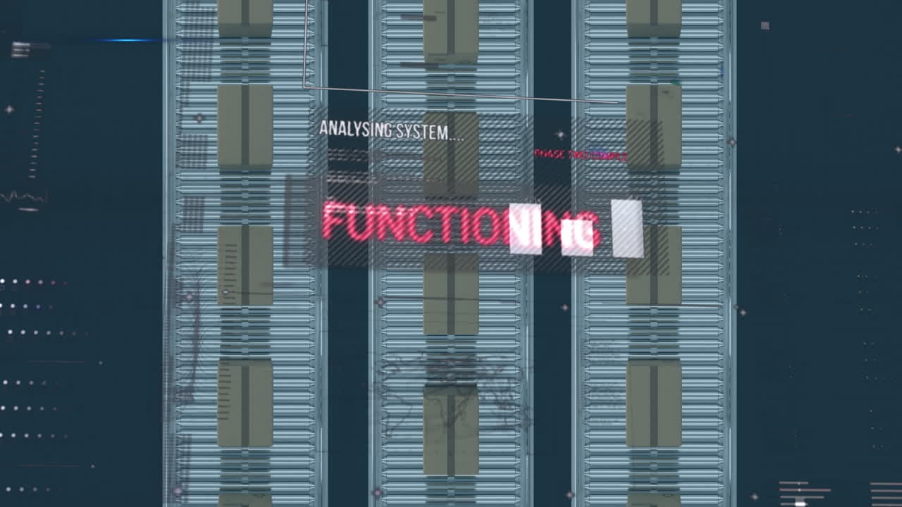 interfaz digital con procesamiento de datos en múltiples cajas en cinta transportadora contra un fondo azul