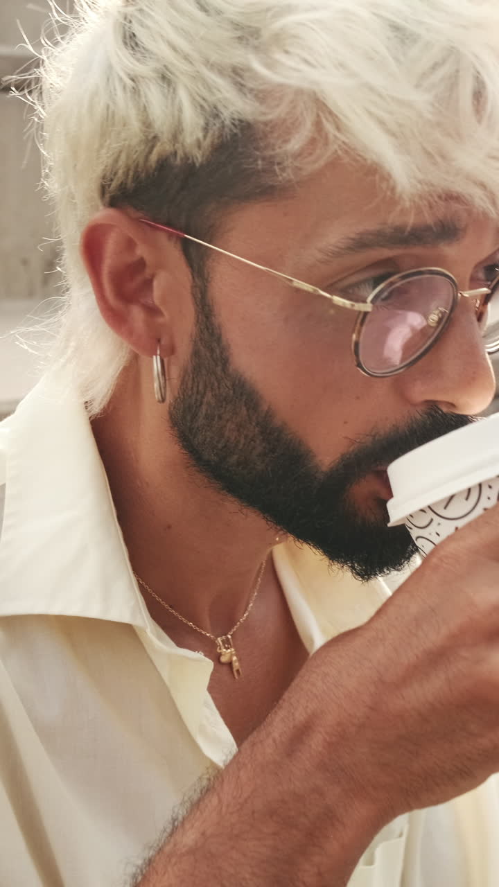 Uomo con barba e occhiali che beve caffè