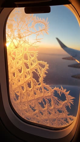 golden sunset view with ice on airplane window