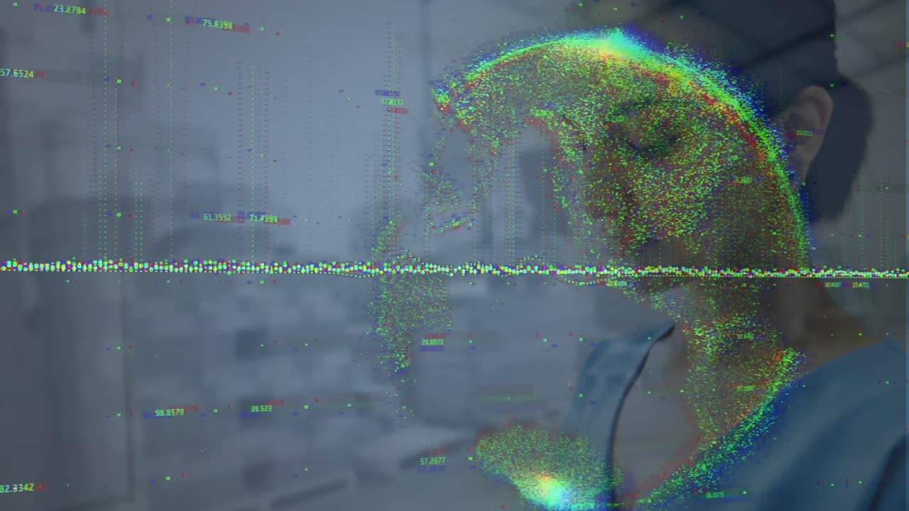 animación del globo con procesamiento de datos sobre una doctora biracial.