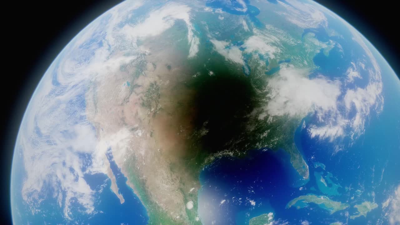una animación 3d del planeta tierra, que muestra el eclipse solar del 8 de abril de 2024 en toda américa del norte, como se ve desde lo alto de la órbita sobre el planeta tierra.