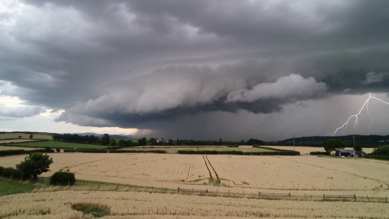 Advancing shelf cloud lowering over wheat field from gust front, with lightning and rain core