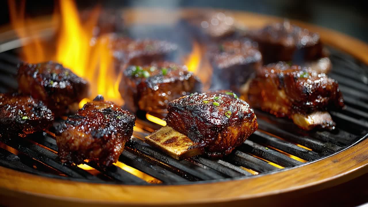 Costolette sfrigolanti sulla griglia: uno sguardo ravvicinato alla gustosa cottura al barbecue, con fumo, fiamme e carne perfettamente carbonizzata per una delizia culinaria.