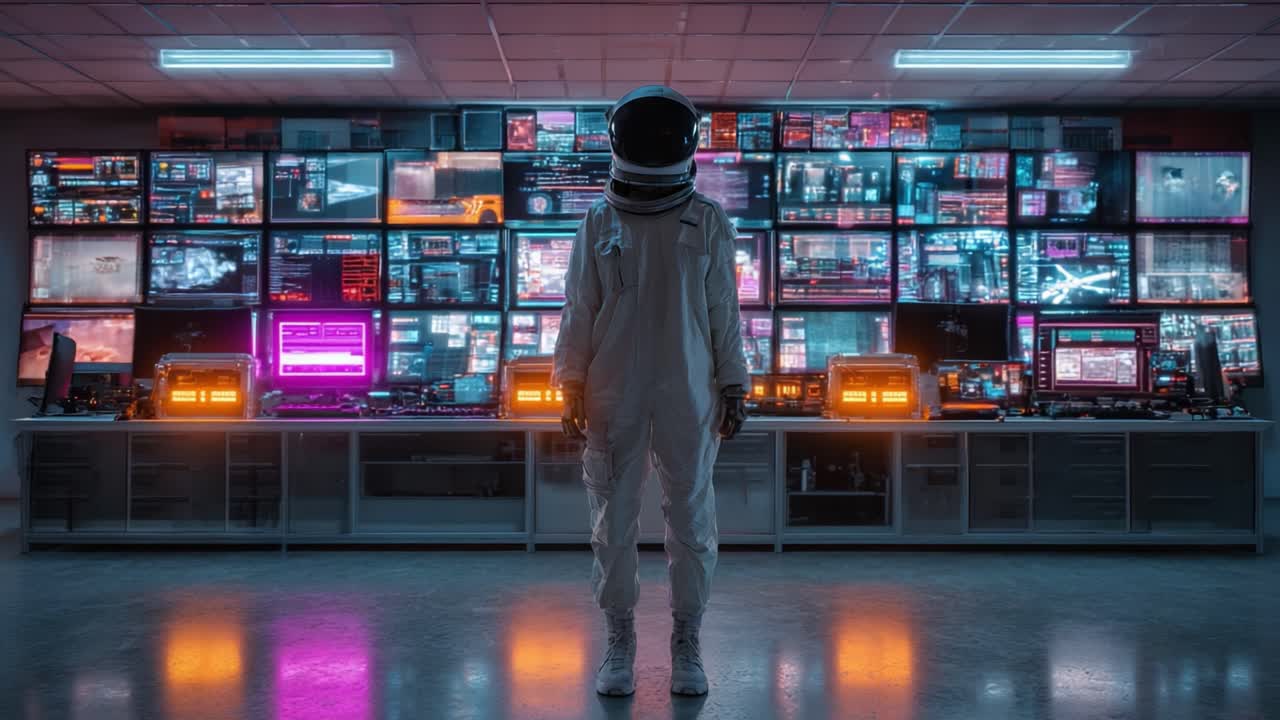 Un astronauta si trova in una sala di controllo high-tech piena di monitor e schermi luminosi, che rappresenta l'intersezione tra l'esplorazione spaziale e la tecnologia avanzata in un ambiente futuristico