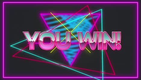 Animation-of-you-win-text-in-pink-neon-frame-over-glowing-triangles