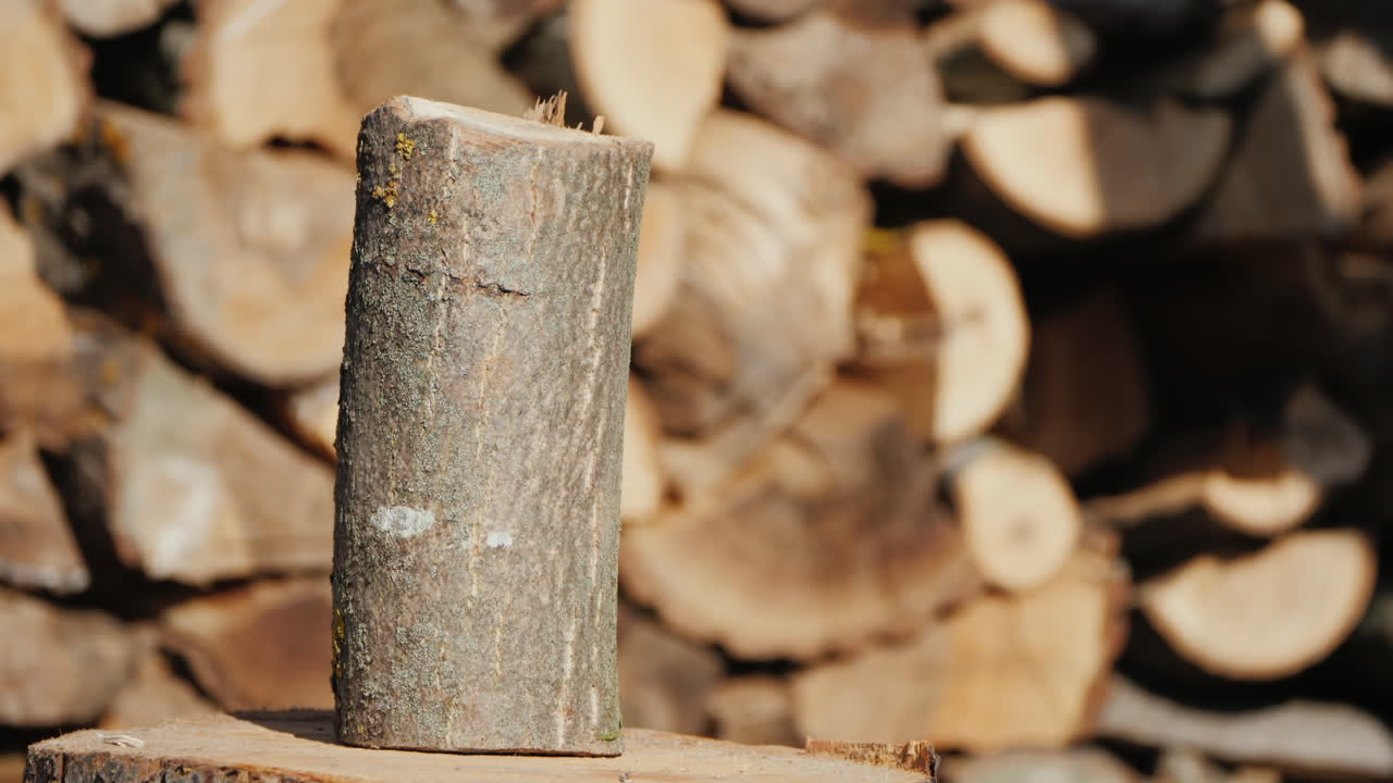A Modern Ax Splits A Log Harvesting Firewood For The Winter