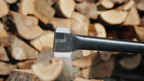 a modern ax splits a log harvesting firewood for the winter