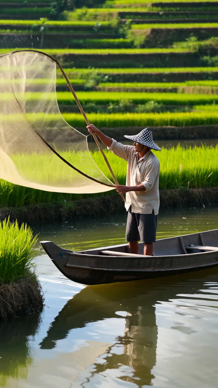 Fisherman in a Boat with a Net in Rice Terraces