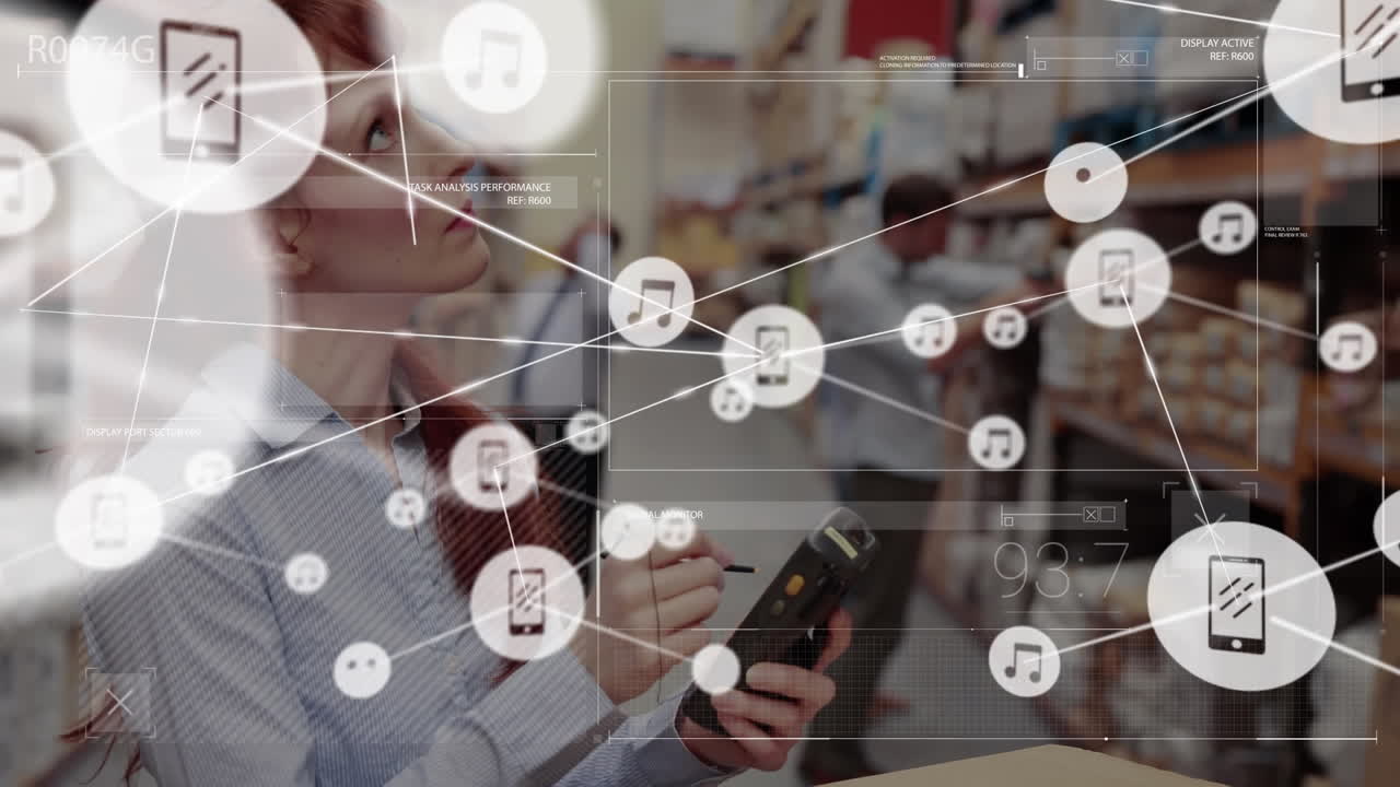 라인과 연결된 아이콘의 애니메이션, 카우카시안 여성이 기술의 주식 세부 사항을 입력합니다.