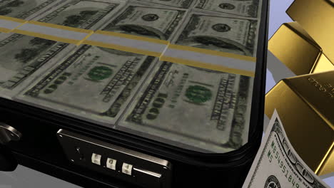 animation of suitcase full of money, american $100 note  s in stacks near the case and inside of it, golden bars, reflective background, money and fortune concept