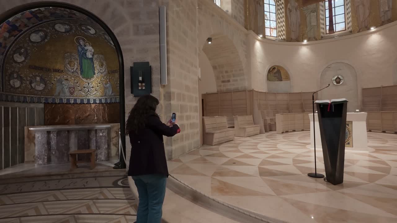 Dormition Abbey Chapel Interior on Mount Zion, Jerusalem old city. Slow motion.