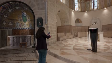 dormition abbey chapel interior on mount zion, jerusalem old city. slow motion.