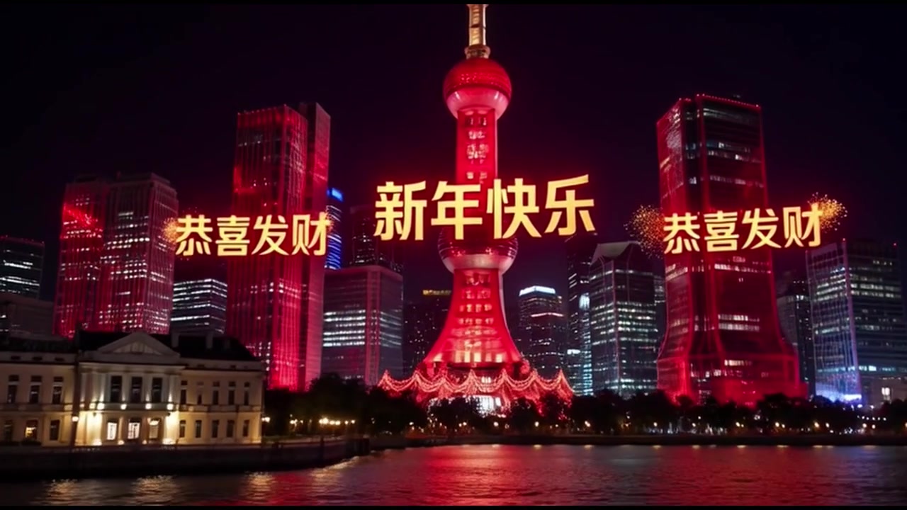 Horizonte de Xangai Iluminado com Saudações de Ano Novo Chinês à Noite