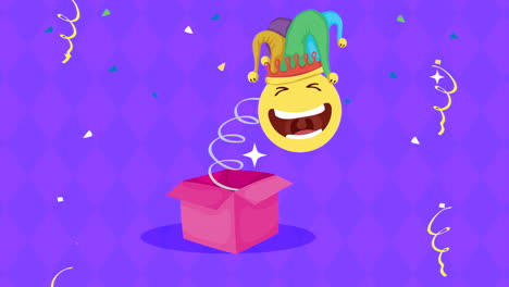 april fools day card with emoji laughing in surprise hat and joker hat