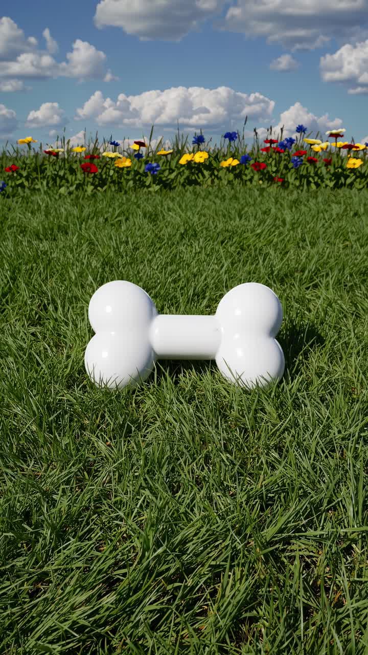 Low-angle shot of a glossy white bone-shaped object on grass, with colorful flowers and a blue sky