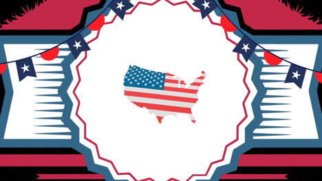 animación de banderas sobre estandarte con mapa de los estados unidos con bandera de los estados unidos