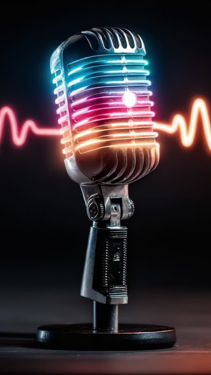 Affascinante microfono vintage con bagliore al neon e onde sonore catturate con dettagli straordinari per un'esperienza visiva a tema musicale.