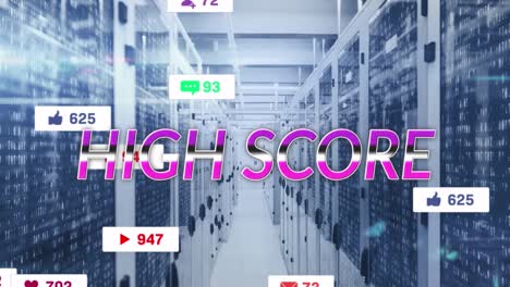 animation of pink text high score, with social media notifications over computer server room