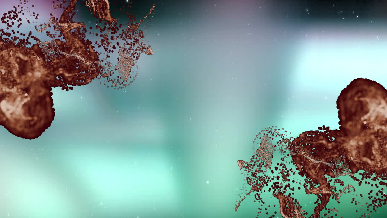 Brownish-red particle clusters drifting across abstract teal-green space with white star specks