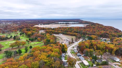 various fall colors popping out under overcast clouds on the lakeshore