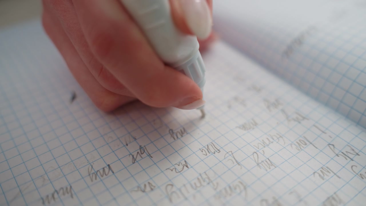 Primo piano di una mano che cancella un quaderno di matematica, mostrando una scena di studio a casa con tutor e coach che correggono esercizi su carta a quadretti usando una gomma bianca, con segni di matita e sbavature visibili, un gesto del dito concentrato e un'atmosfera silenziosa.