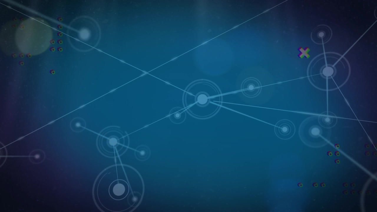 Animation of network of connections with icons over shapes on blue background