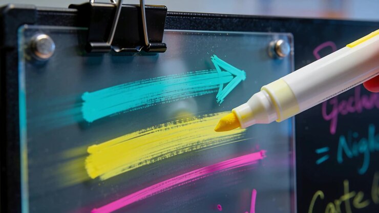 Brushing right hand holding yellow marker touching panel at desk, completing middle stroke, clip