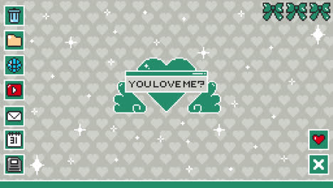 retro pixel art desktop interface with 'you love me?' question