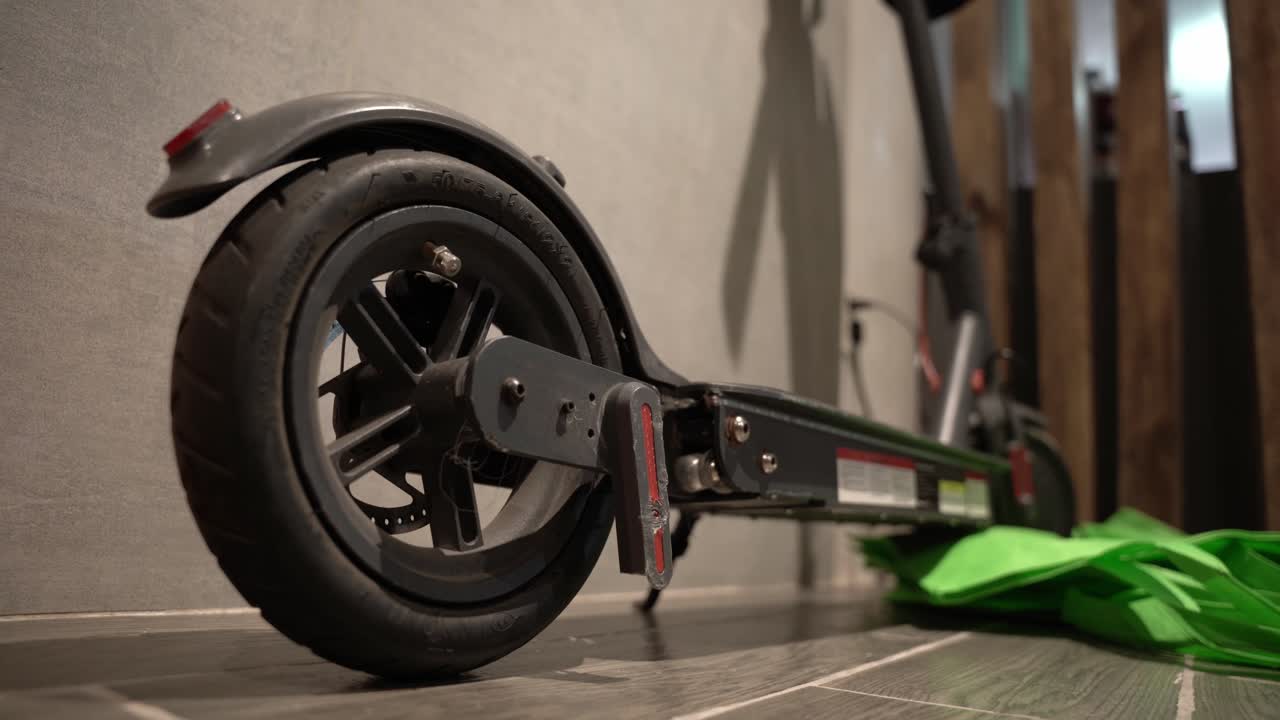 Close up of a wheel of an electric scooter