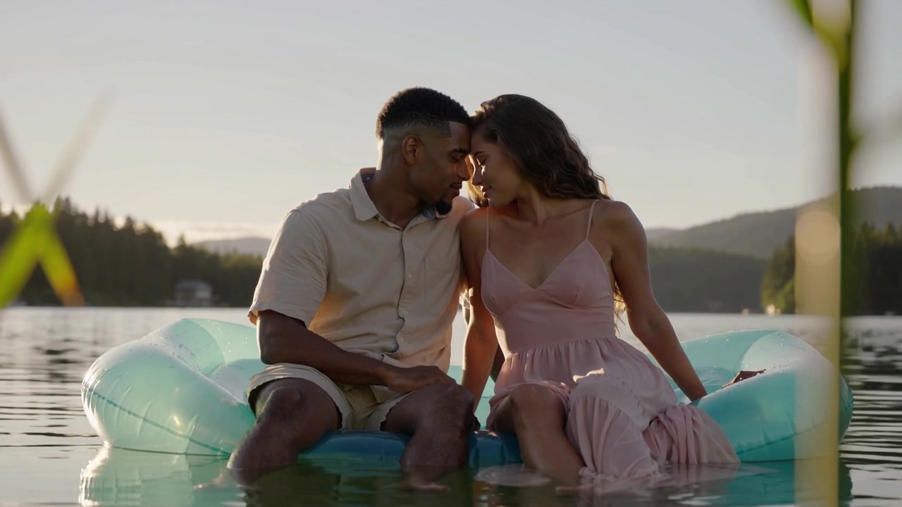 Leaning couple closing long-eye-contact to forehead touch on turquoise float at lake in casual wear