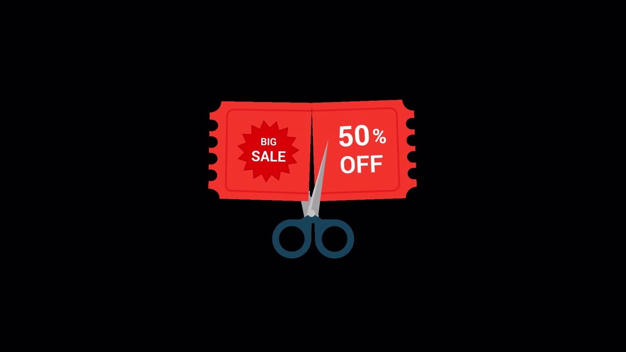 Animation of Red 50% Off Sale Coupon Being Cut by Scissors