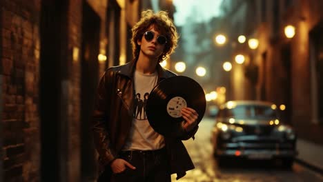 a young person in a leather jacket and sunglasses holding a vinyl record on a moody city street at night