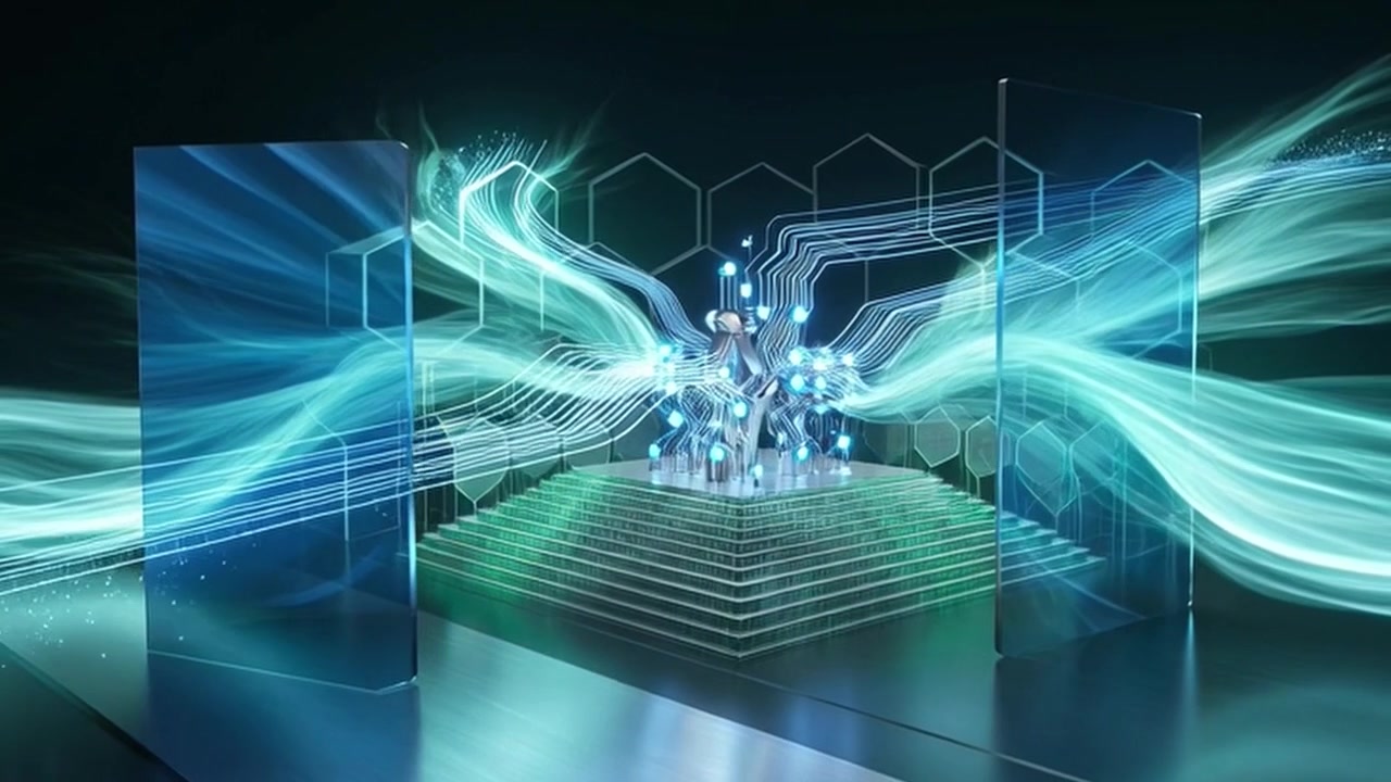 Abstract Digital Structure with Glowing Light Trails and Circuitry