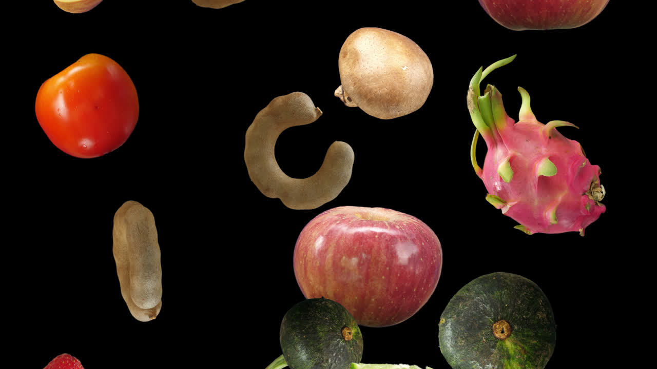 Vegetables And Fruits Fall Down With Alpha Channel