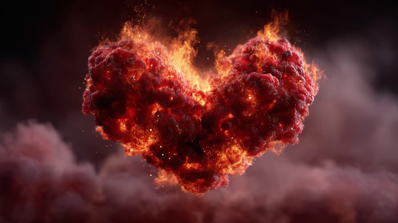 Un cuore vibrante di fiamme e fumo crea un'espressione visiva d'impatto di passione, amore e intensità, che cattura lo spettatore con dettagli ed energia spettacolari