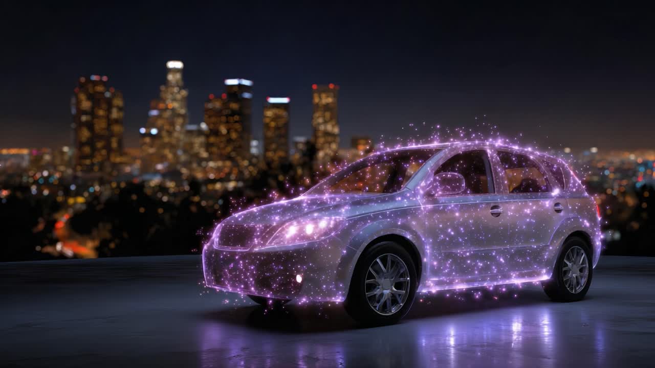 Een verbluffende visuele transformatie van een auto, verlicht door fonkelend licht tegen een moderne skyline van een stad in de nacht, waarbij de essentie van futuristisch design wordt vastgelegd