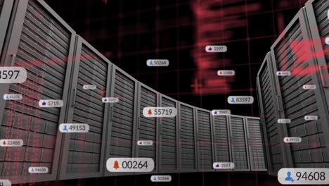 animation of data processing and media icons over server room